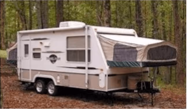 White and beige expandable camper trailer parked in a wooded area with trees and fallen leaves.