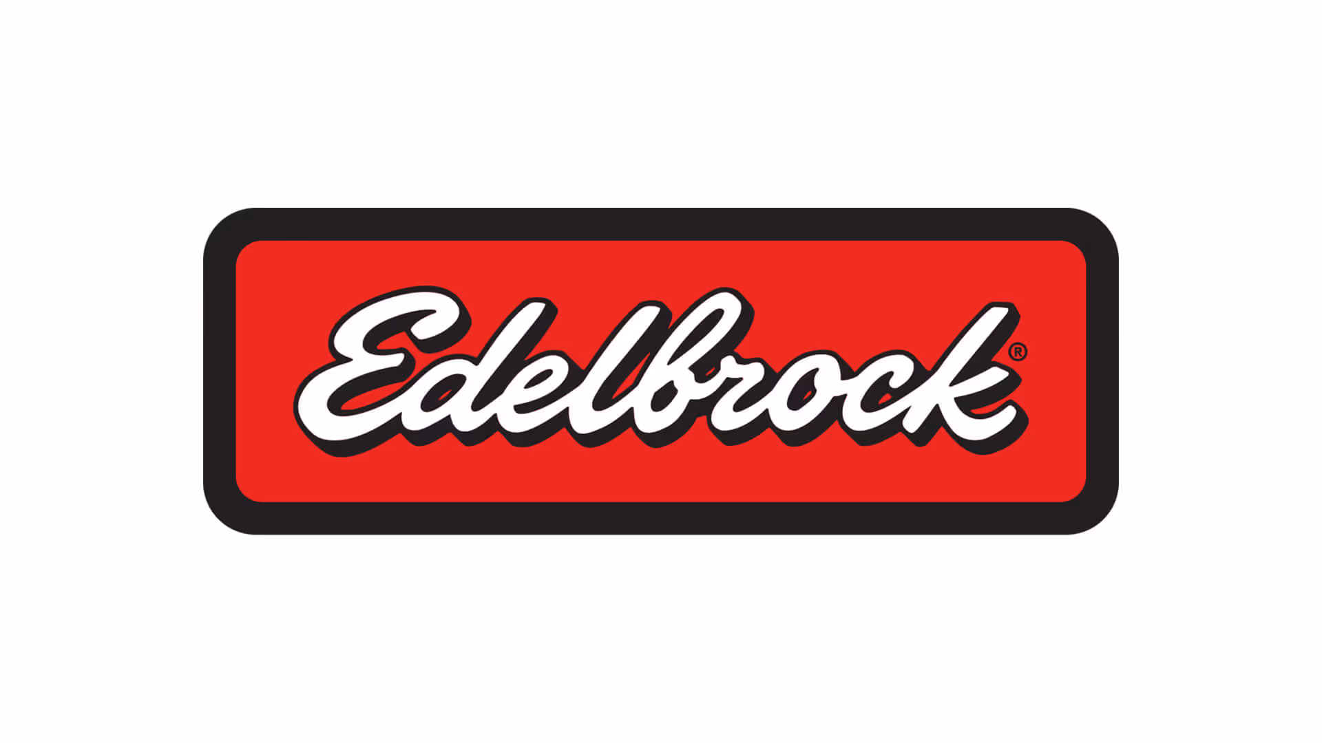 Edelbrock logo in white script on a red rectangular background with a black border.