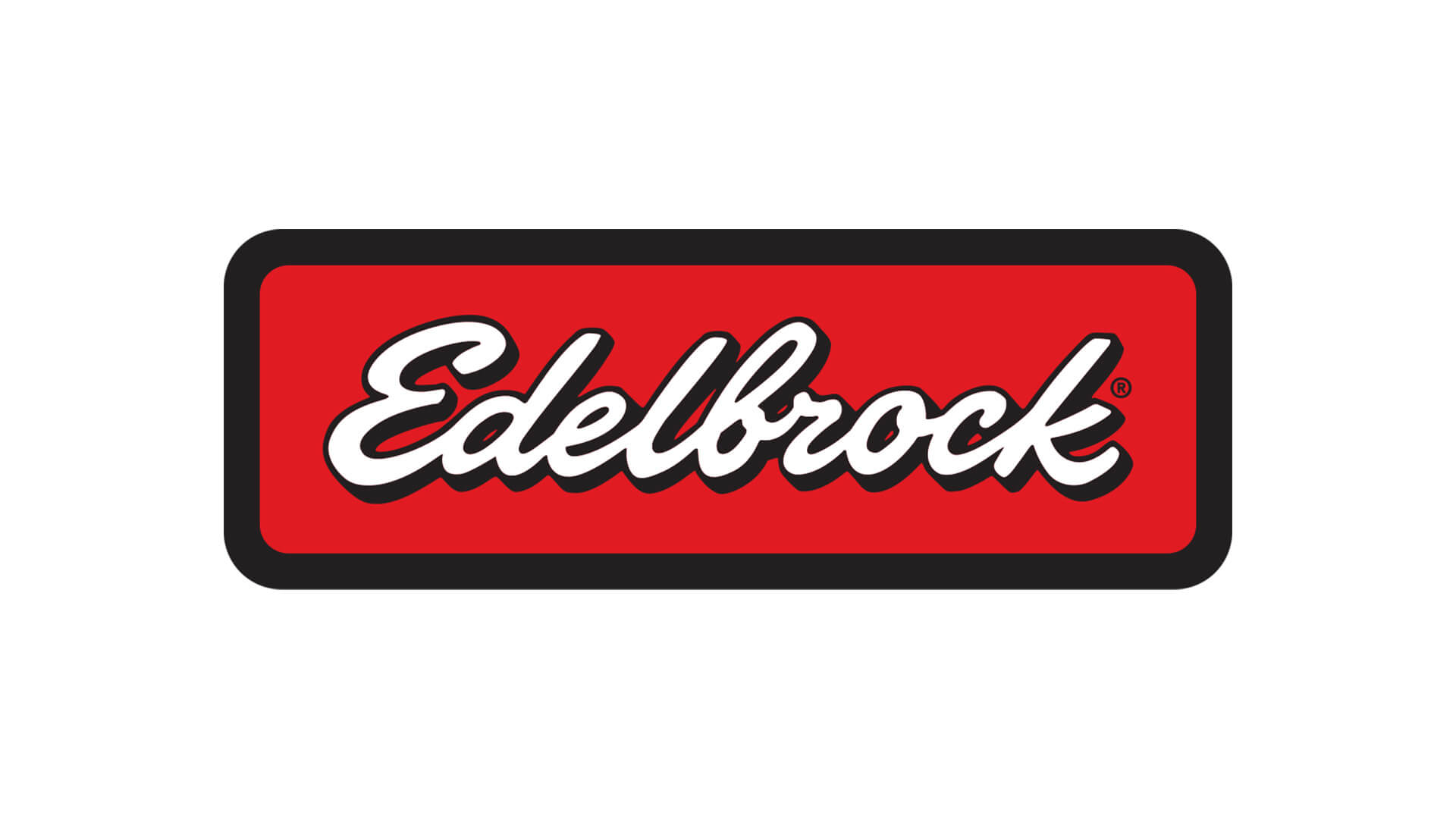 Edelbrock logo in white script on a red rectangular background with a black border.