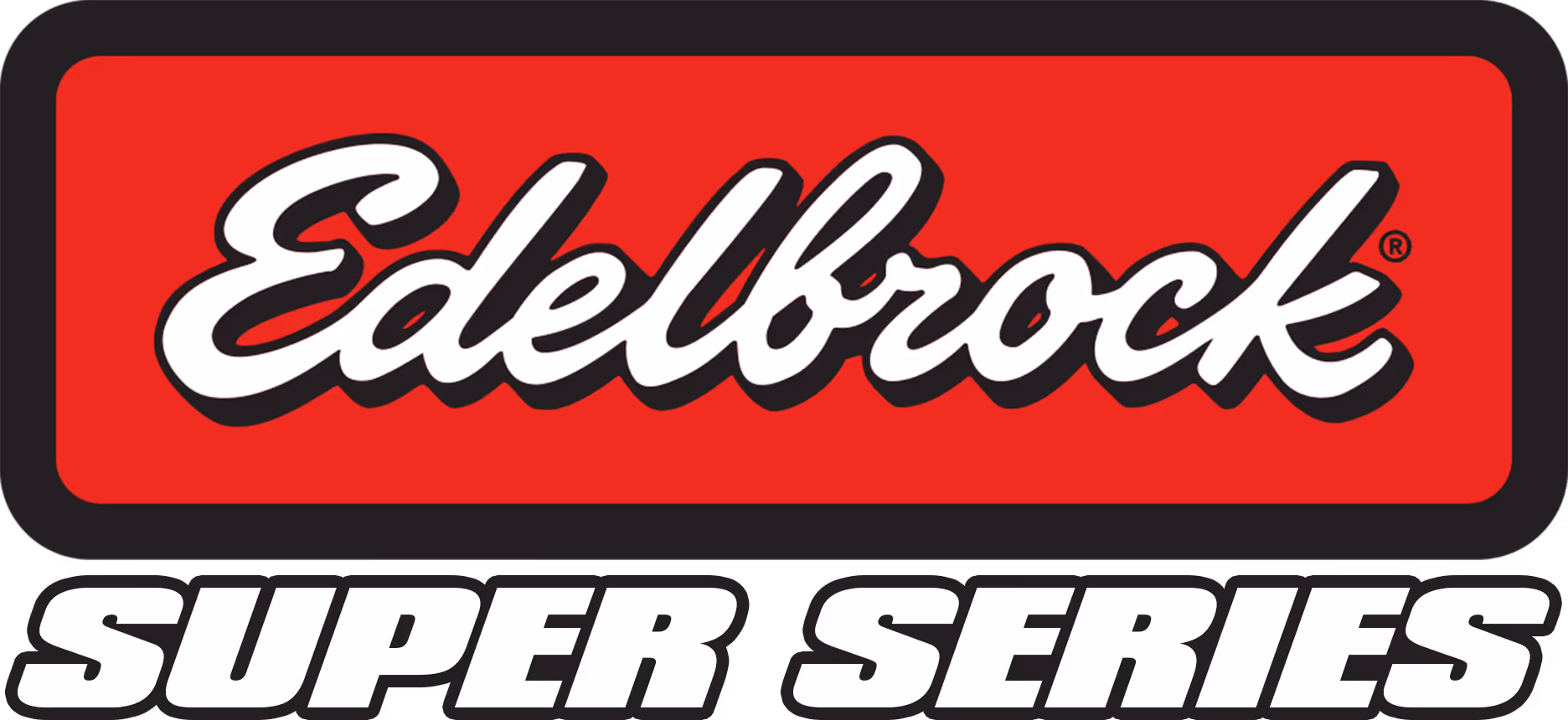 Edelbrock logo in white script on a red background above bold white text reading 'SUPER SERIES'.