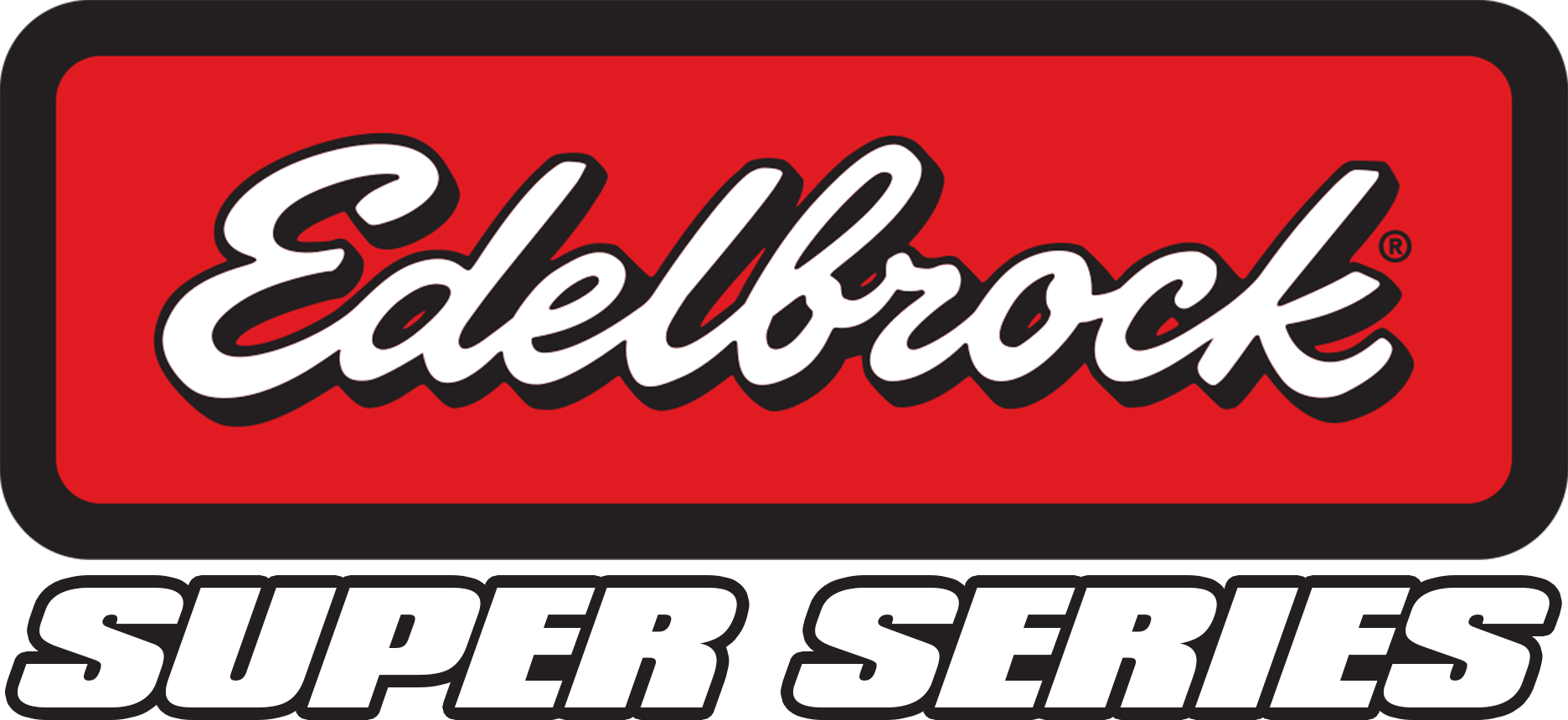 Edelbrock logo in white script on a red background above bold white text reading 'SUPER SERIES'.