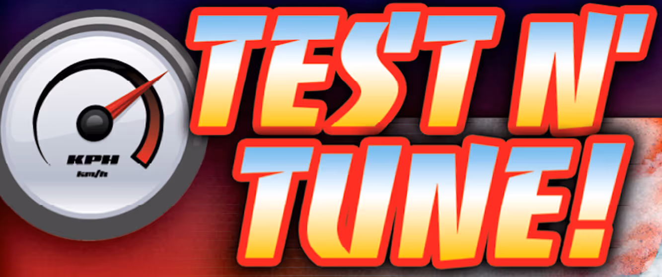 Speedometer showing speed in kilometers per hour next to bold text reading 'TEST N' TUNE!' in gradient yellow and blue with red outline.