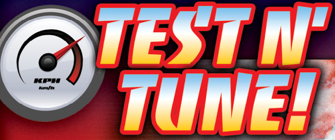 Speedometer showing speed in kilometers per hour next to bold text reading 'TEST N' TUNE!' in gradient yellow and blue with red outline.