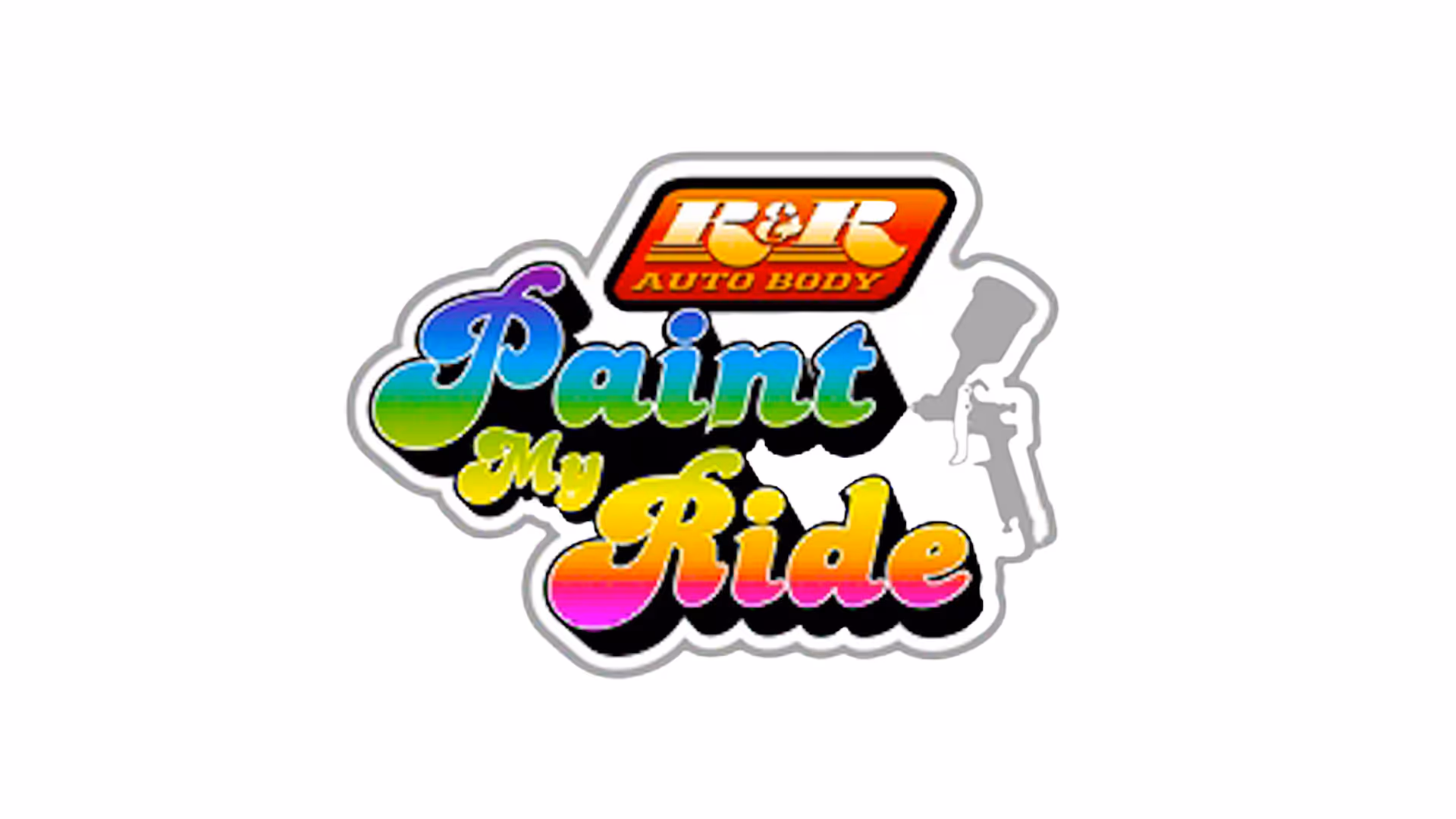 Colorful gradient text 'Paint My Ride' with R&R Auto Body logo and a paint spray gun silhouette.