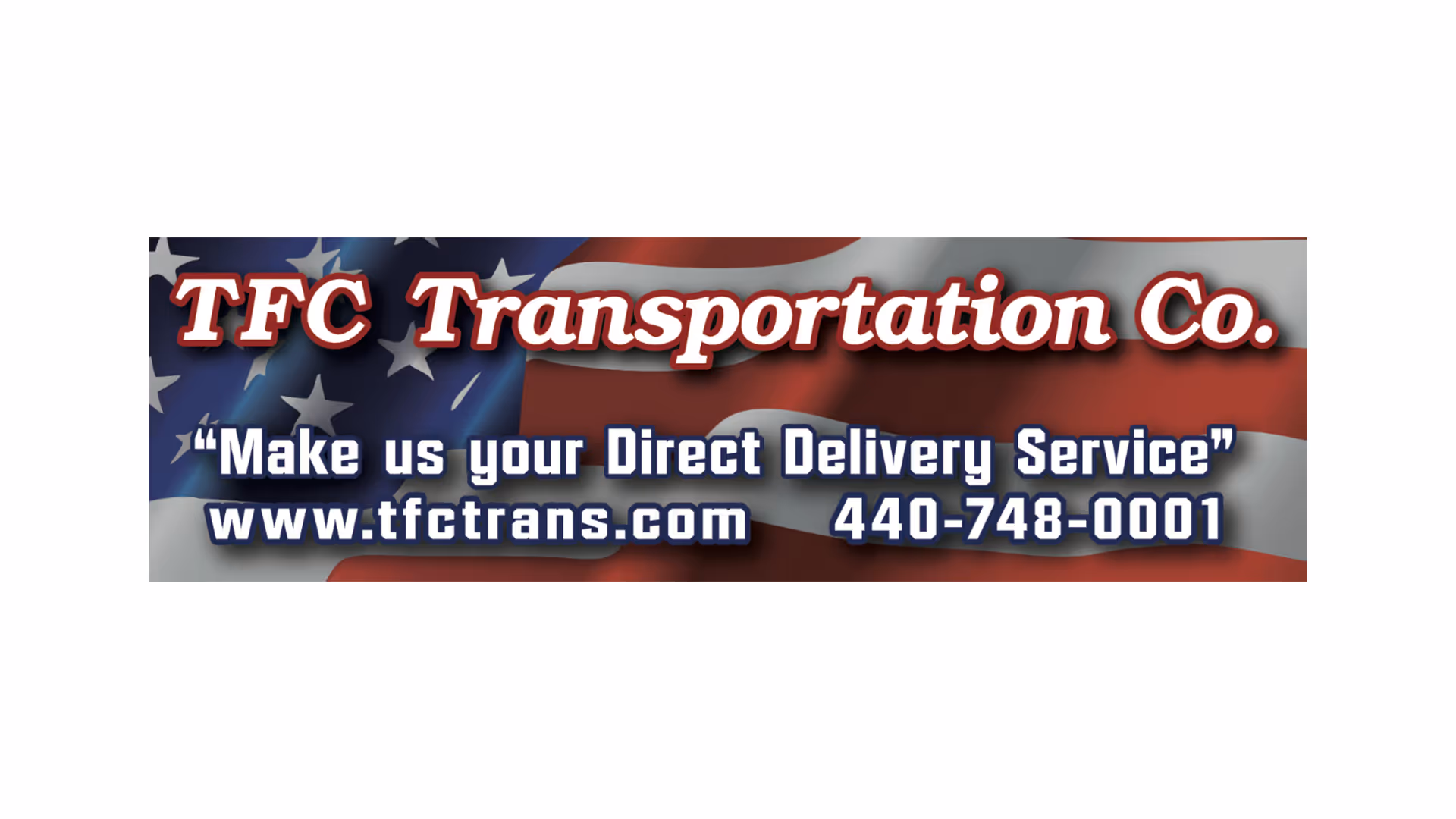 TFC Transportation Co. logo and slogan with an American flag background, including contact info and website.