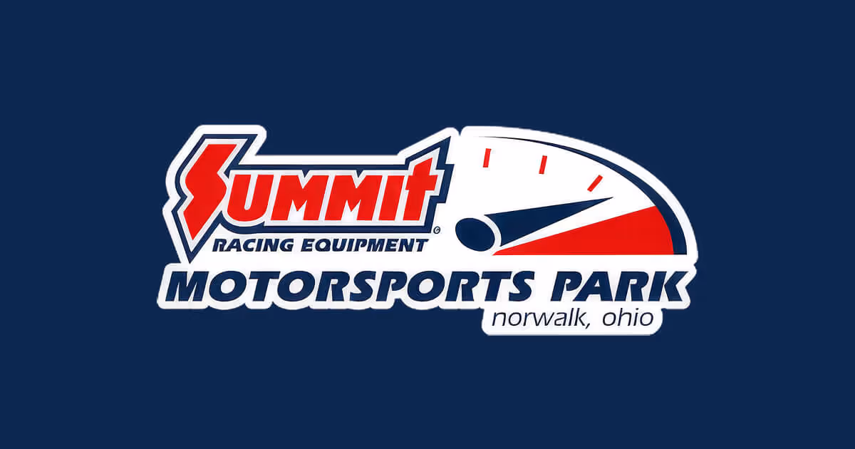 Summit Racing Equipment Motorsports Park logo with a stylized speedometer and text Norwalk, Ohio on dark blue background.