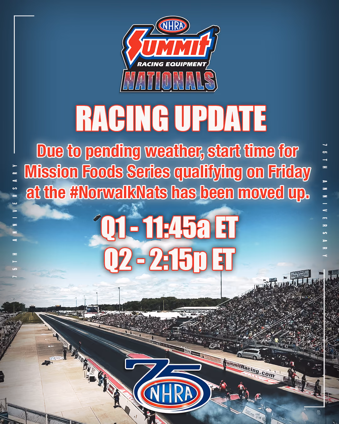 SCHEDULE ADJUSTMENT FOR FRIDAY QUALIFYING AT SUMMIT RACING EQUIPMENT NHRA NATIONALS IN NORWALK