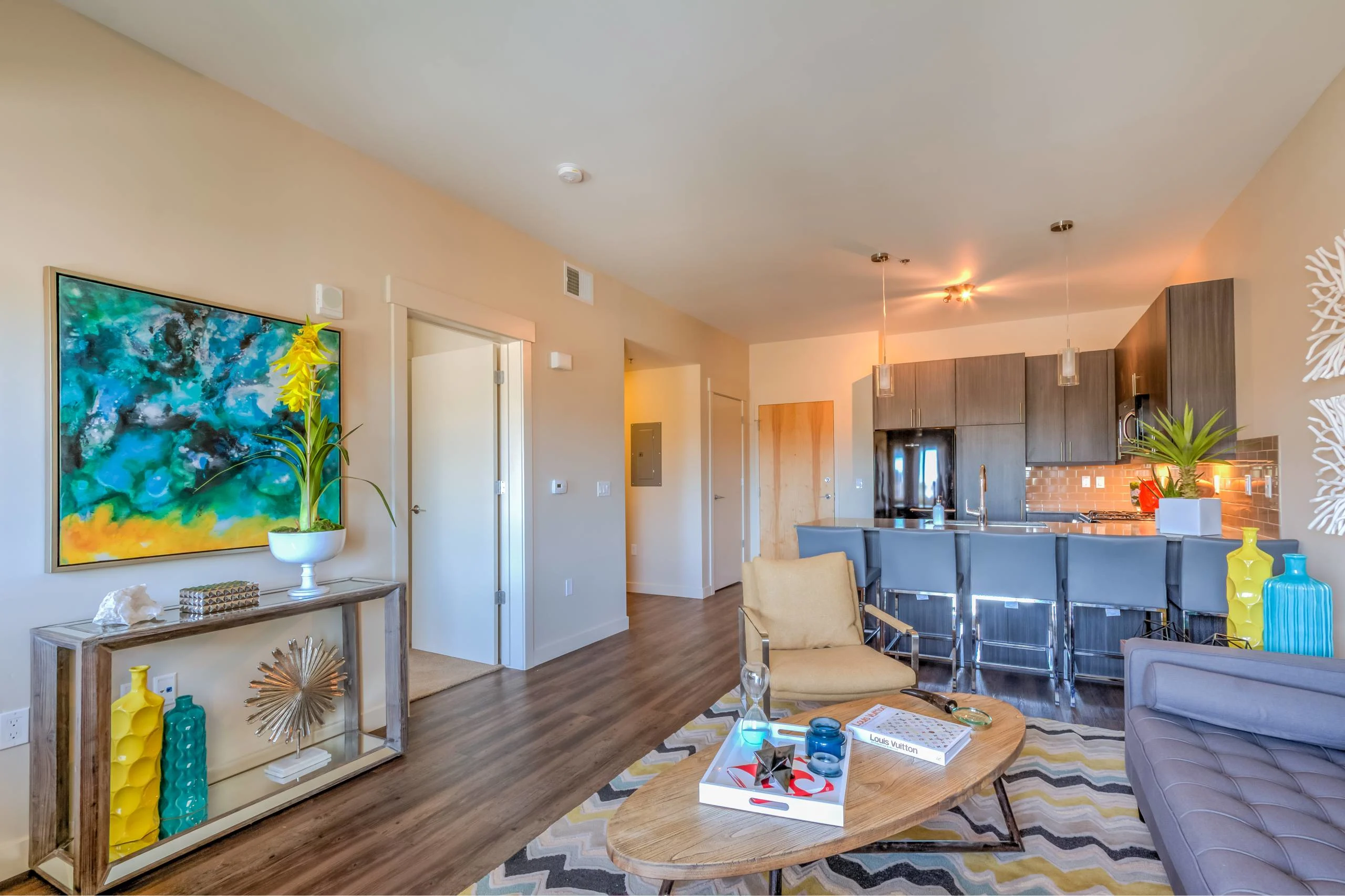 living area and kitchen