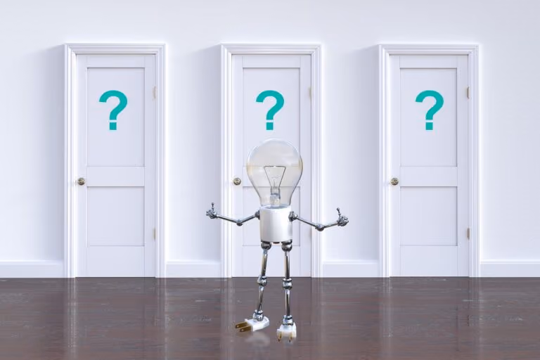Robot with a light bulb head standing in front of three closed white doors, each marked with a teal question mark.