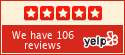 Yelp rating showing five stars and 106 reviews on a red background.