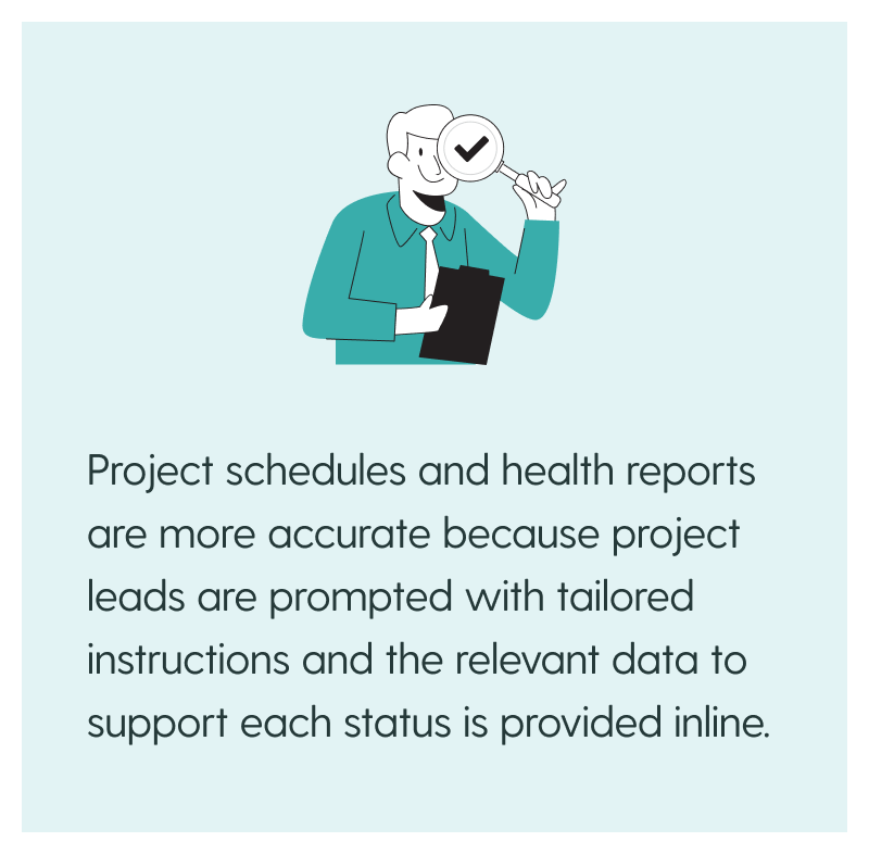 Project schedules and health reports are more accurate because project leads are prompted with tailored instructions and the relevant data to support each status is provided inline.