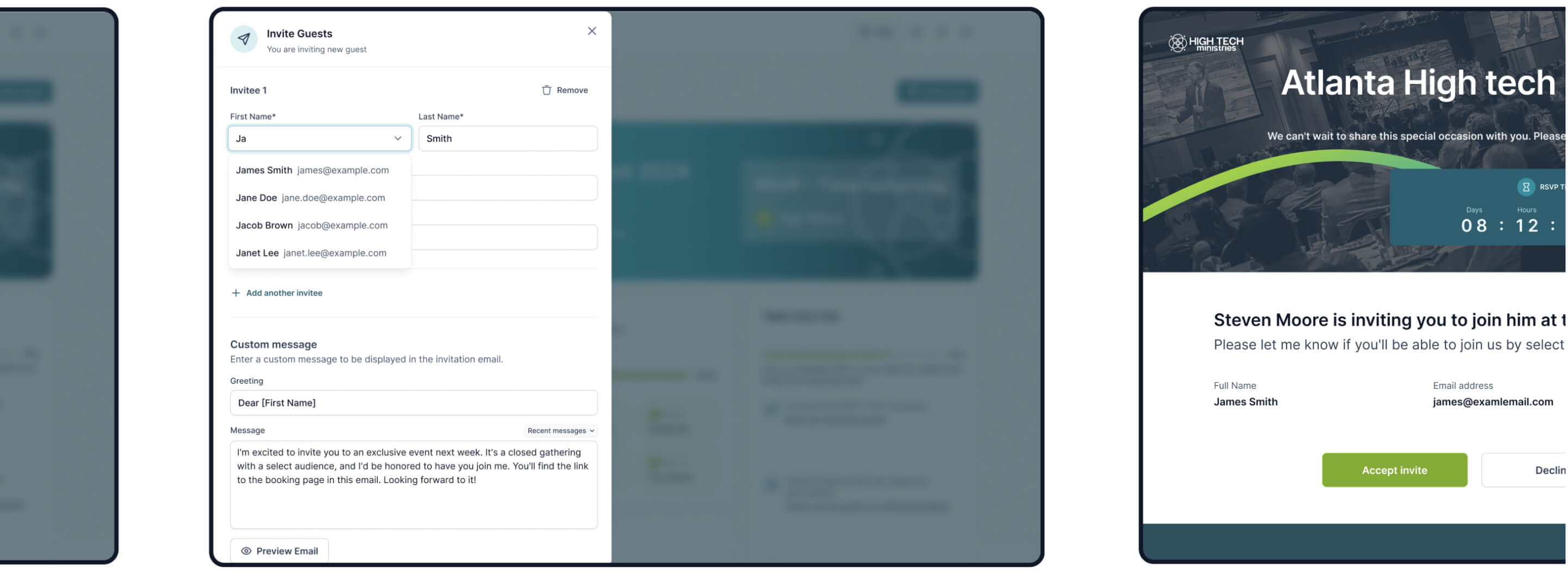 Screenshot of registration system to invite guest with auto-fill names and contact information