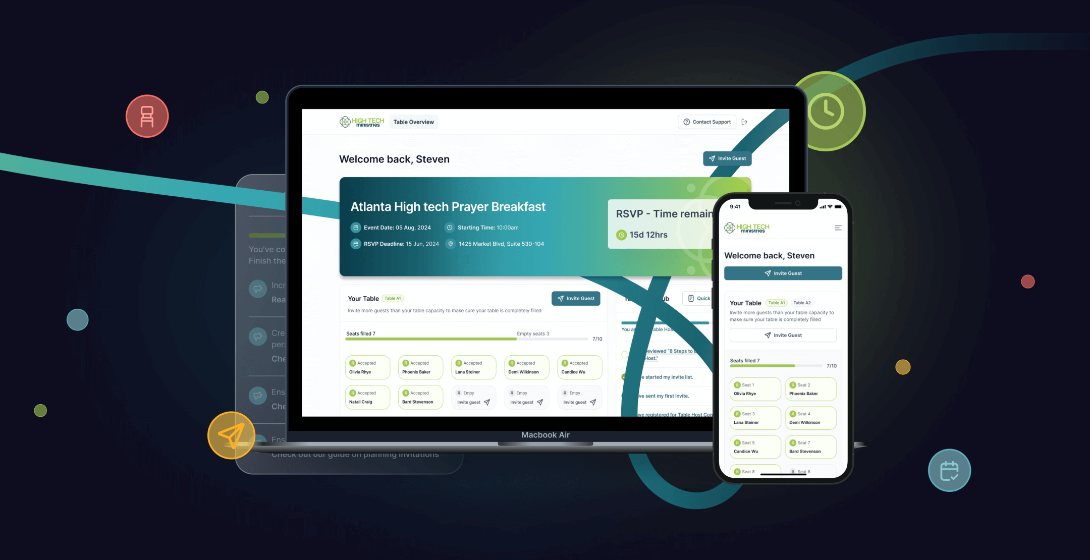 High Tech Prayer Breakfast Table Host Dashboard Screenshot on Desktop and Mobile