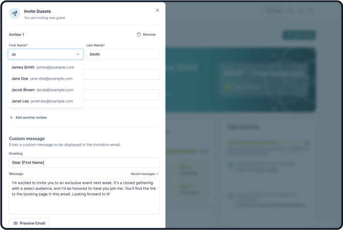 Guest Invitation modal with contact autocompletion