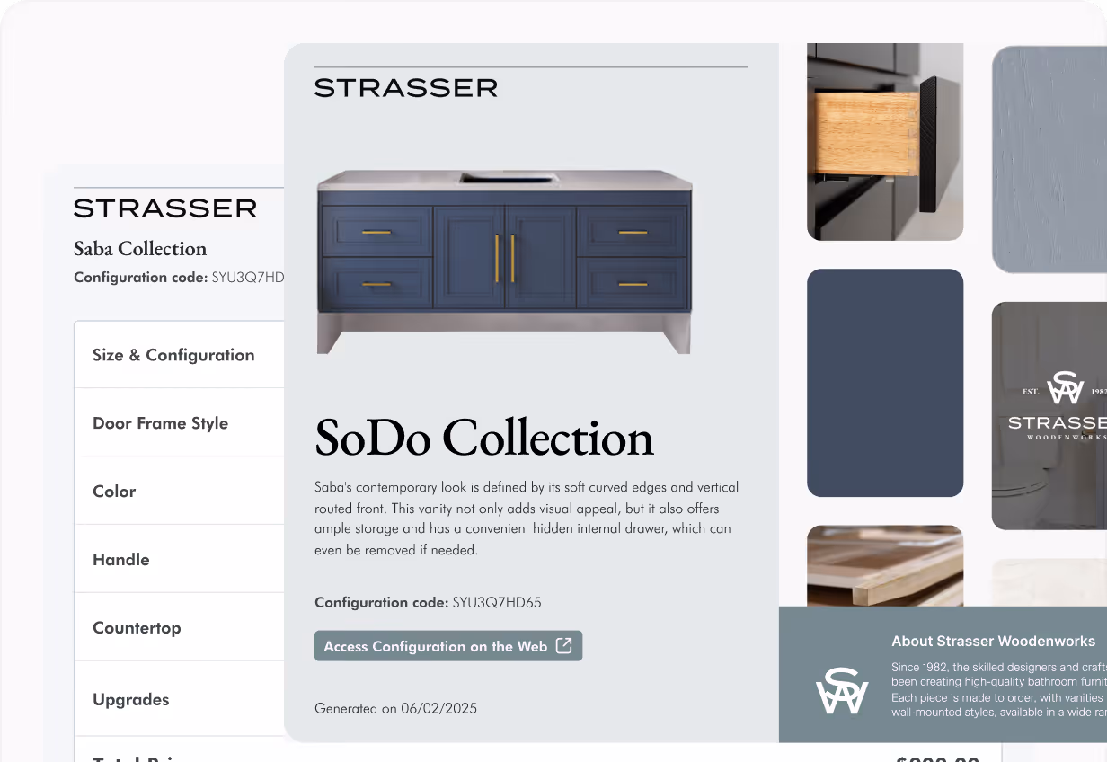 Strasser SoDo Collection vanity with navy blue drawers, gold handles, and hidden removable drawer.