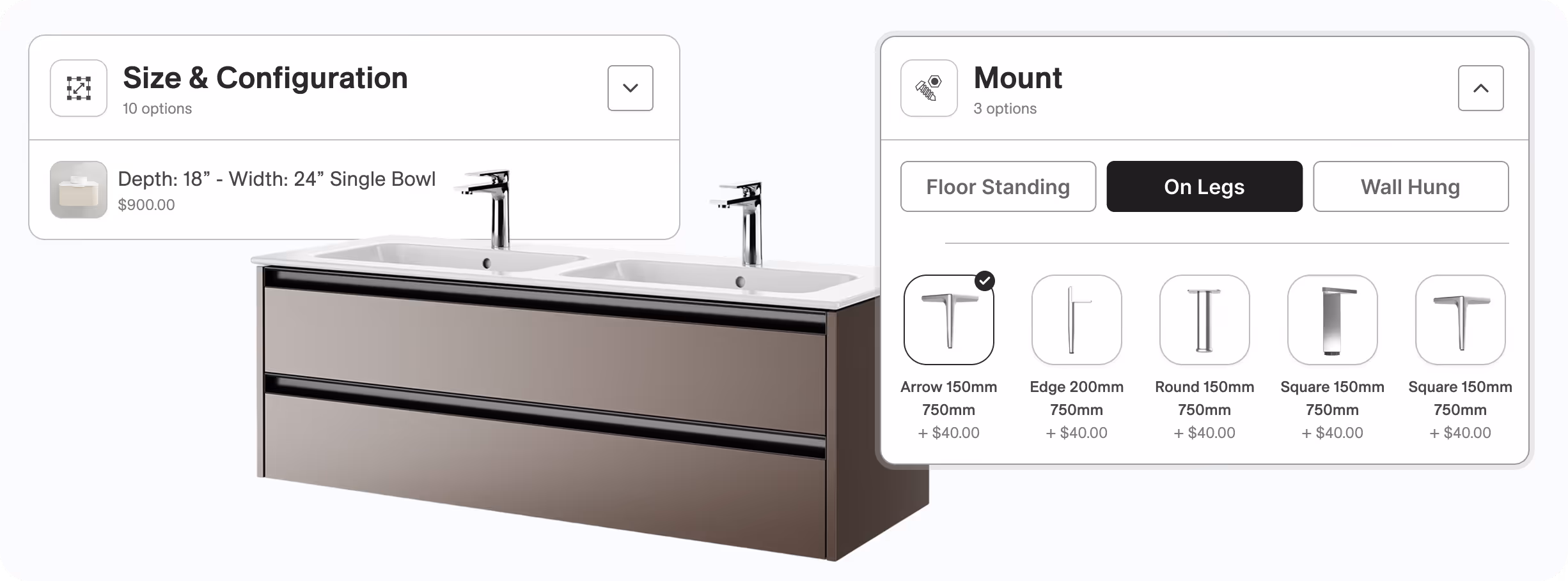 Modern double sink vanity with configurable size and mount options including legs, floor standing, or wall hung.