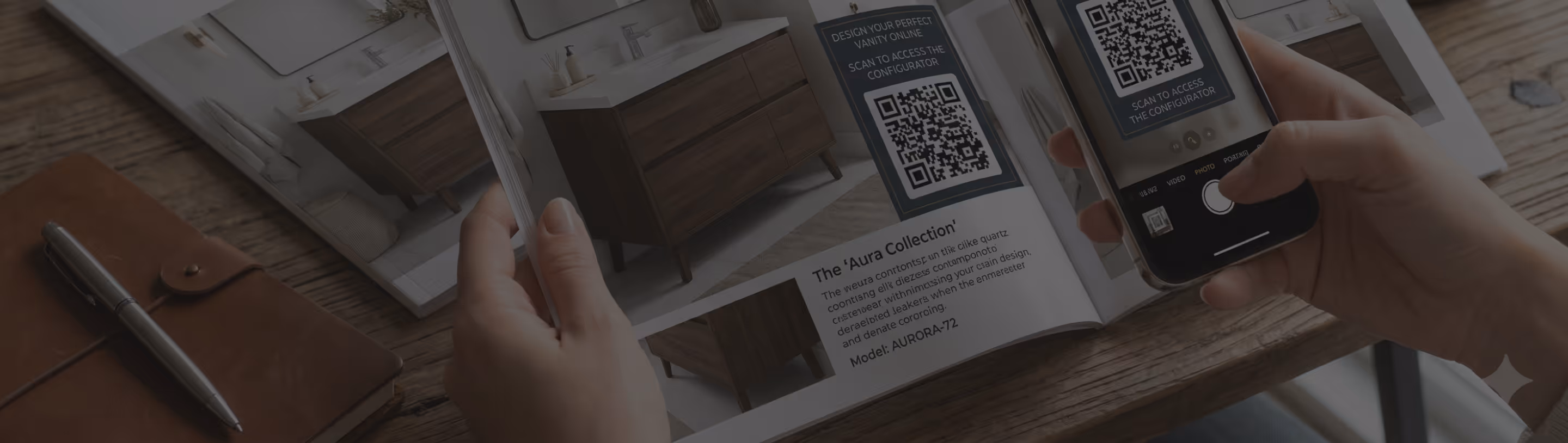 Person scanning QR code in a magazine using a smartphone on a wooden table with a notebook and pen.