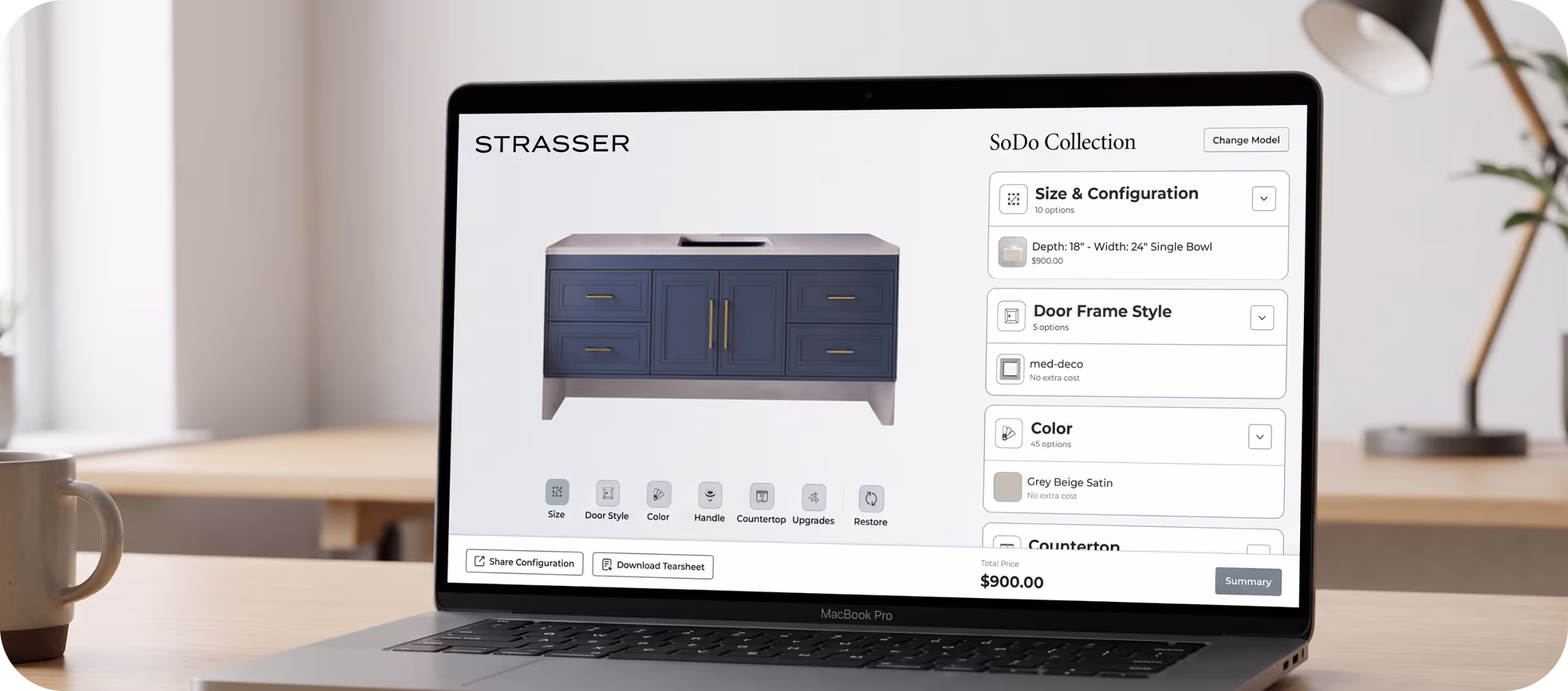 Laptop screen showing STRASSER SoDo Collection bathroom vanity customization interface priced at $900.