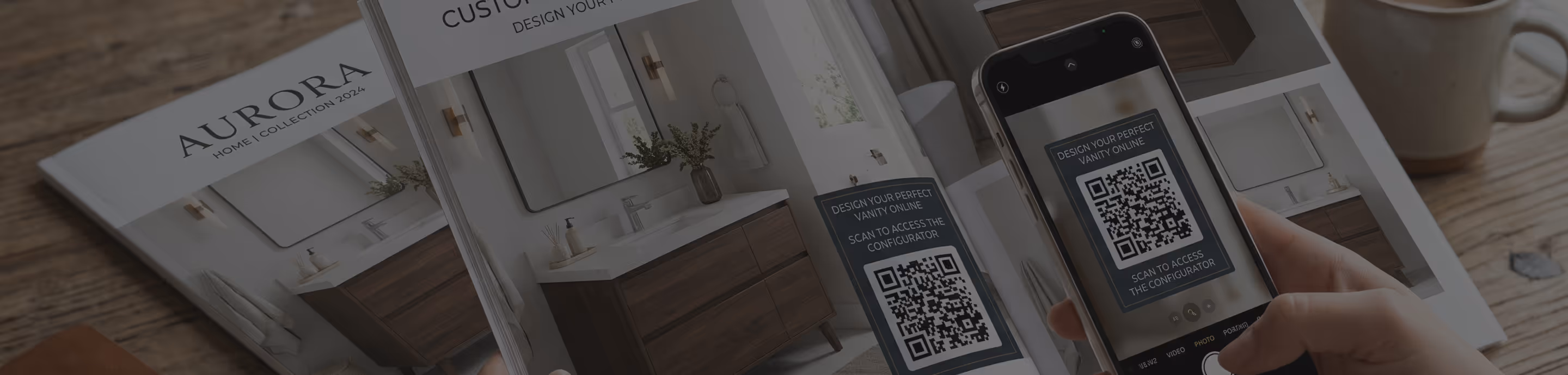 Hand holds phone scanning a QR code on a brochure for Aurora Home Collection 2024 bathroom vanities.