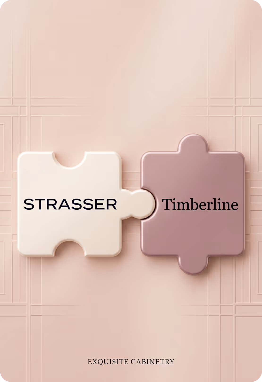 Two puzzle pieces joined, labeled STRASSER and Timberline on a beige textured background.