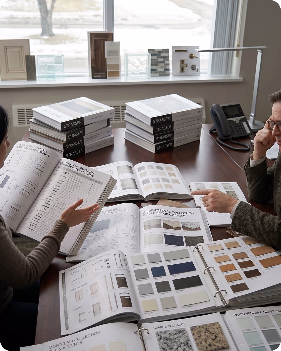 Two people review catalogs and sample books of countertop and cabinet material options at a table.
