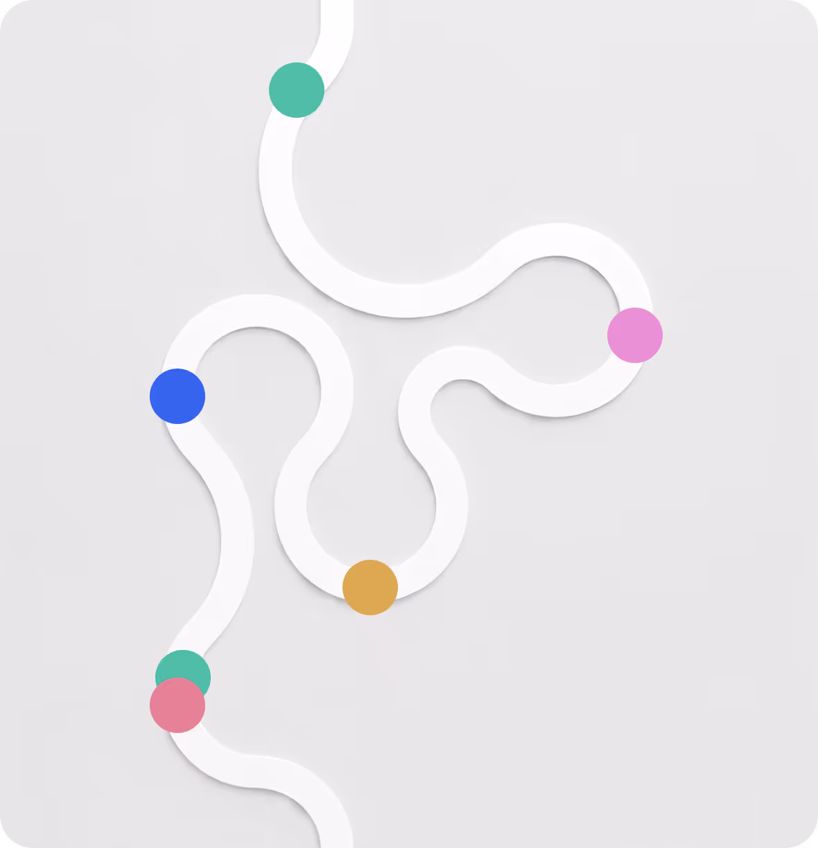 White wavy path with colorful dots in green, pink, blue, and orange on a light gray background.