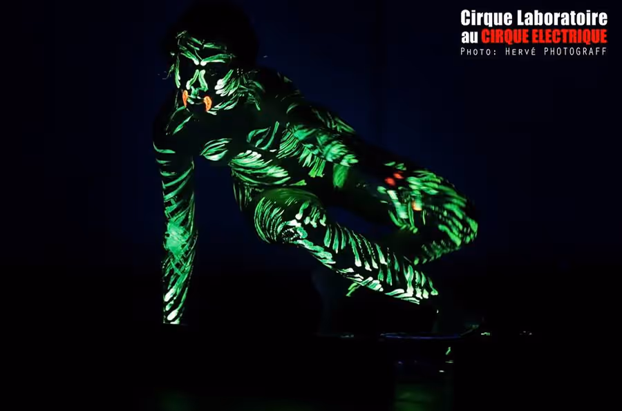 Cirque Électrique Laboratoire Paris projection mapping - danseur silhouette verte, performance art numérique, jeu de lumières sur corps, motifs végétaux phosphorescents, spectacle visuel immersif nocturne, scénographie innovante.
