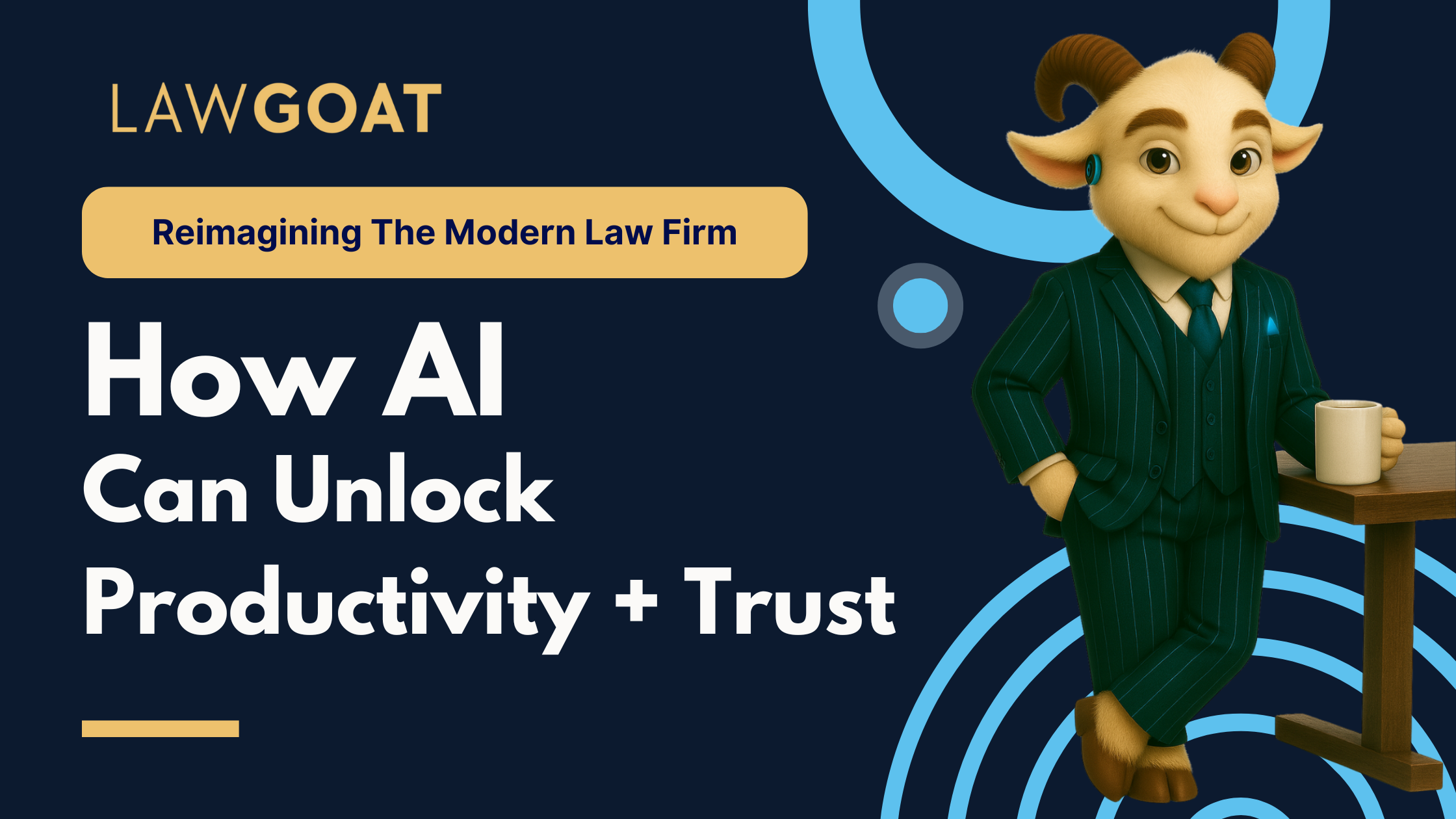 A friendly cartoon goat in a suit stands next to a table holding a cup, promoting AI in law firms. 