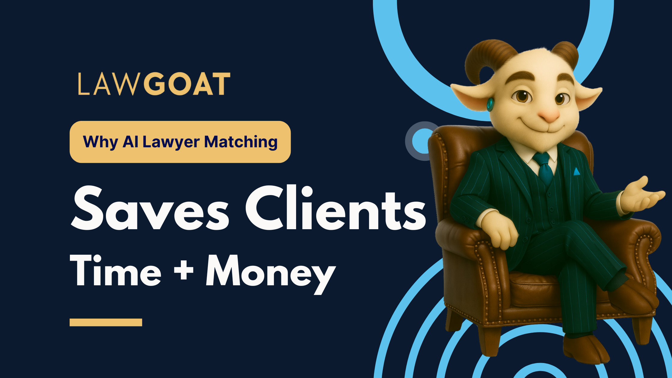 A friendly cartoon goat in a green suit sits in a brown armchair, promoting AI lawyer matching. 
