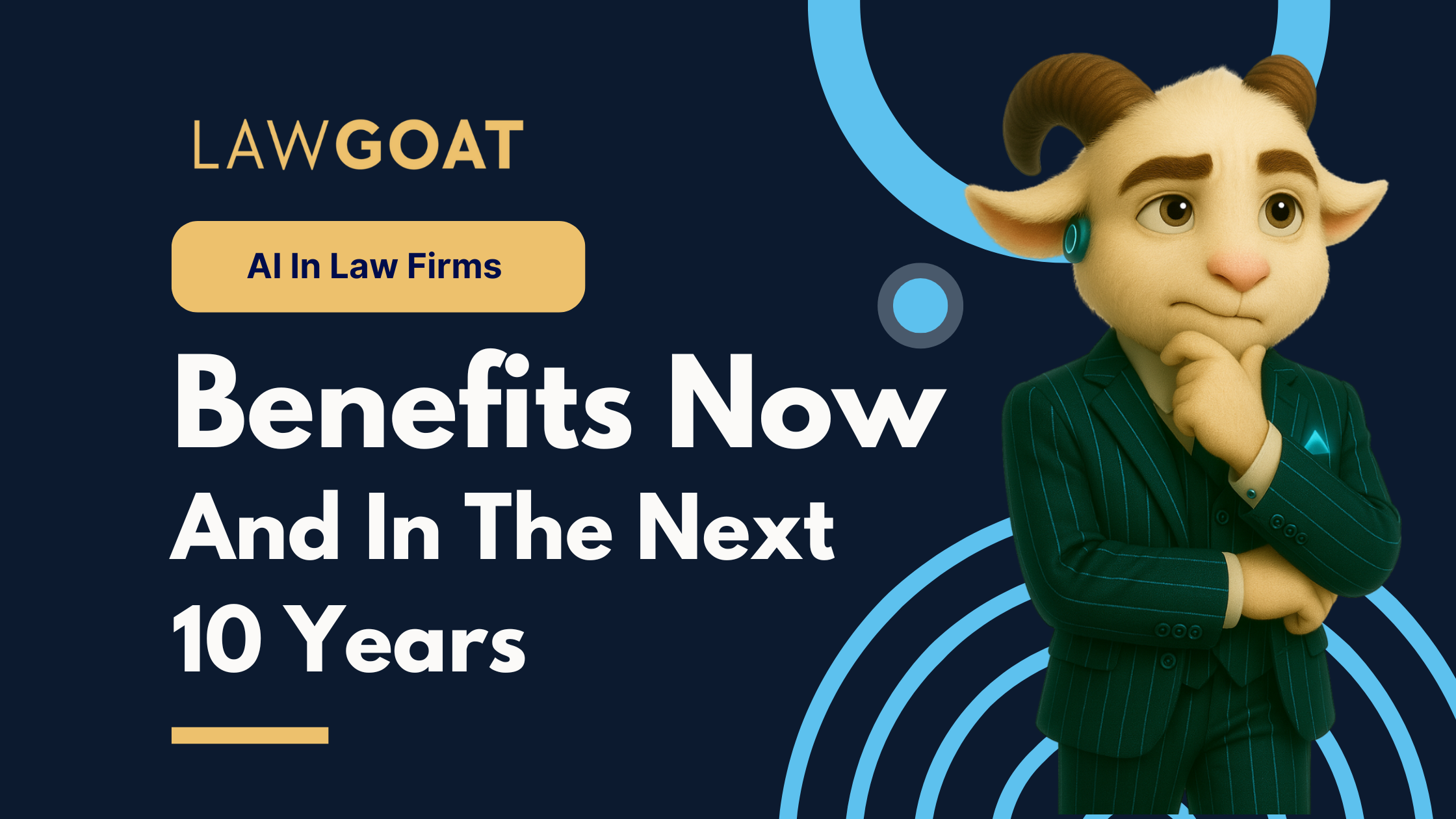 A friendly cartoon goat in a suit stands next to a table holding a cup, promoting AI in law firms. A cartoon goat in a green suit, posing thoughtfully beside text about AI benefits in law firms. 