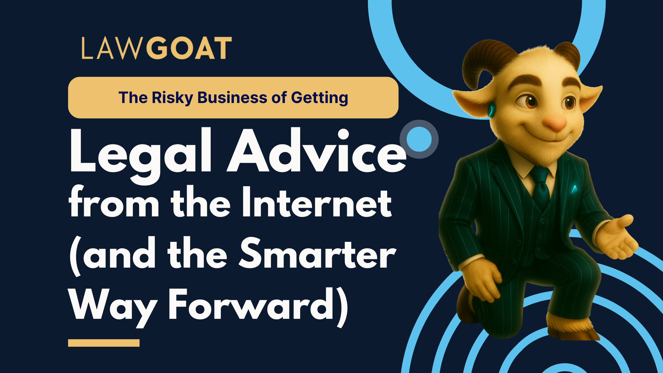 A friendly cartoon goat in a sharp suit, making legal advice online feel as comfortable as chatting with your favorite neighbor.