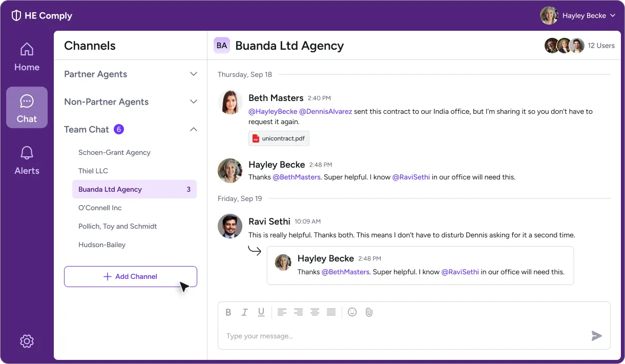 HE Comply chat thread with agents