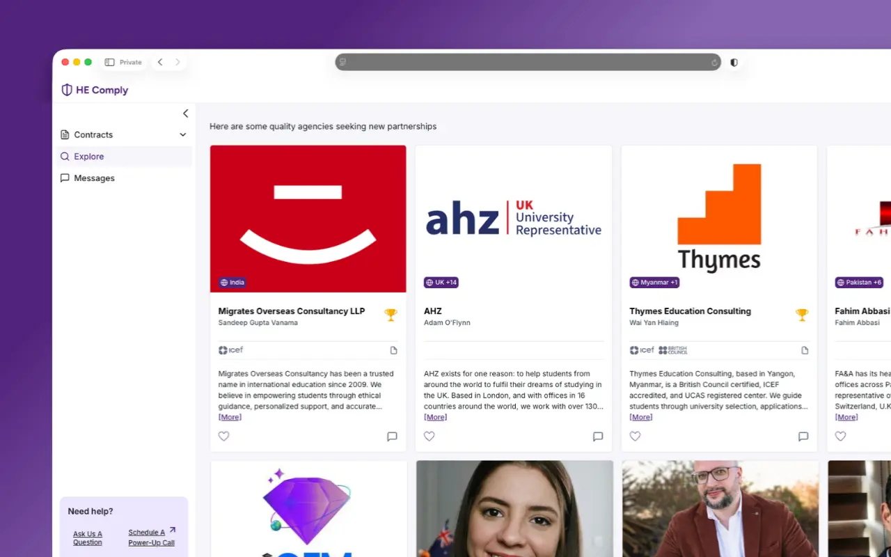 HE Comply product screenshot showing agency profiles