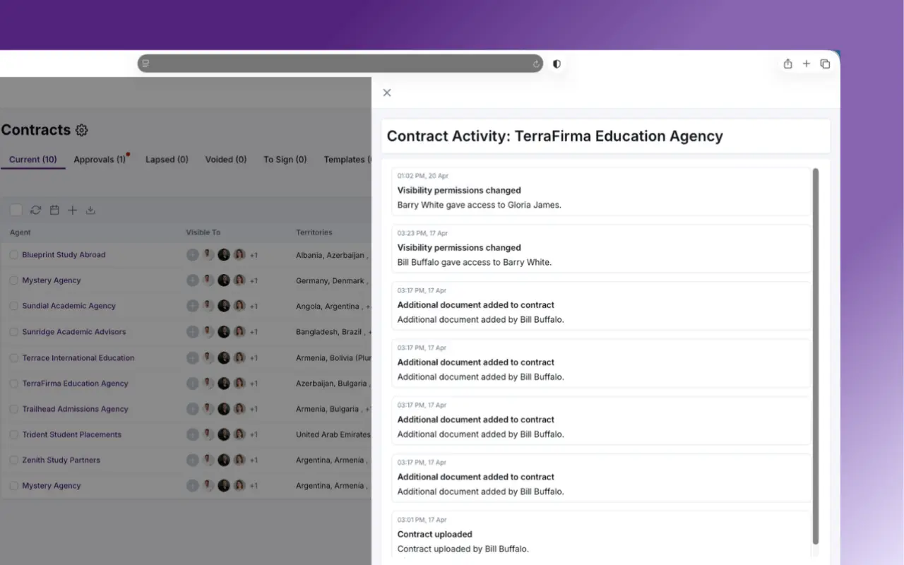 HE Comply product screenshot showing activity history