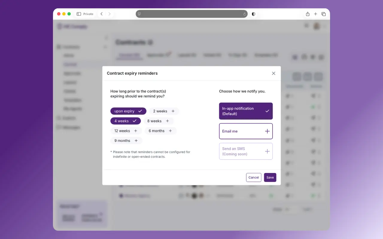 HE Comply product screenshot showing renewal reminders