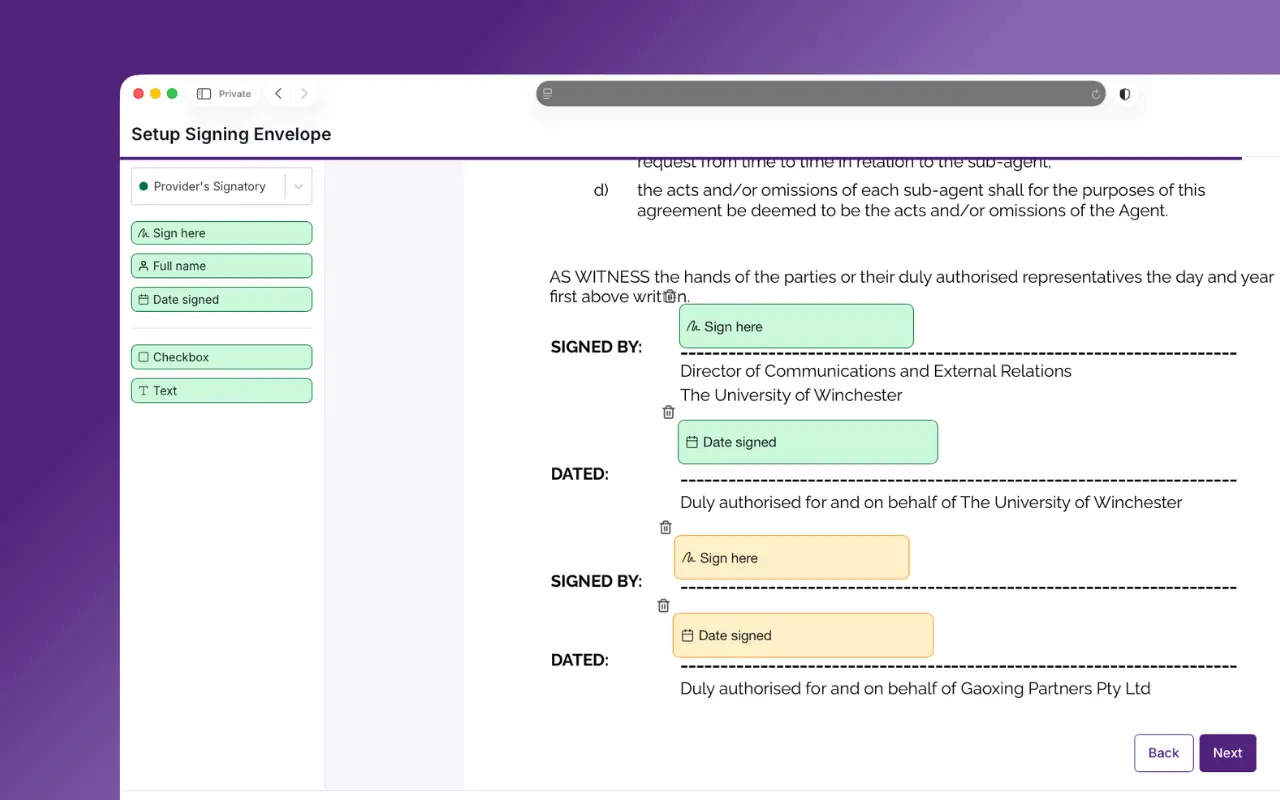HE Comply product screenshot showing docusign esigning set up