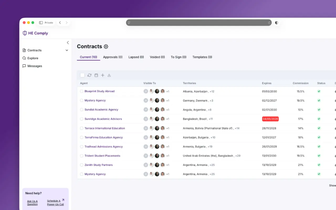 HE Comply product screenshot showing contract management