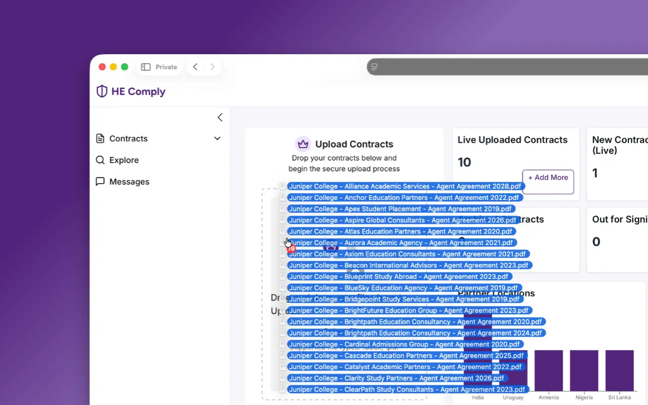 HE Comply product screenshot showing contract management