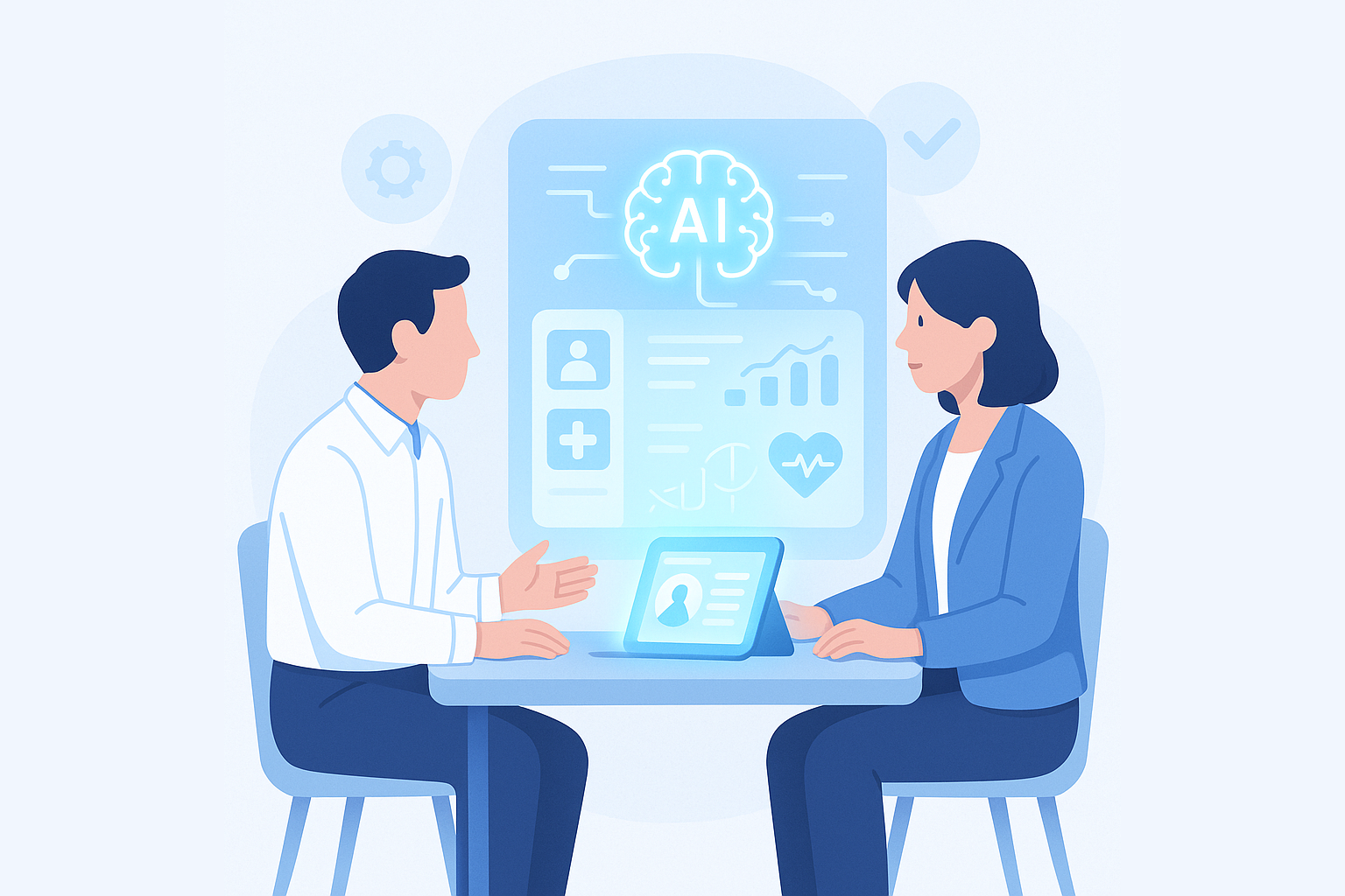 Clean, minimal, soft blue and white medical-tech illustration with rounded shapes, subtle shadows, and bright professional lighting.