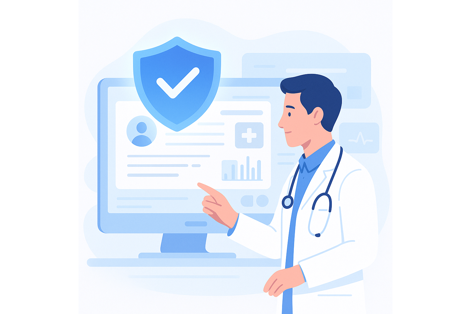 Clean, minimal, soft blue and white medical-tech illustration with rounded shapes, subtle shadows, and bright professional lighting.