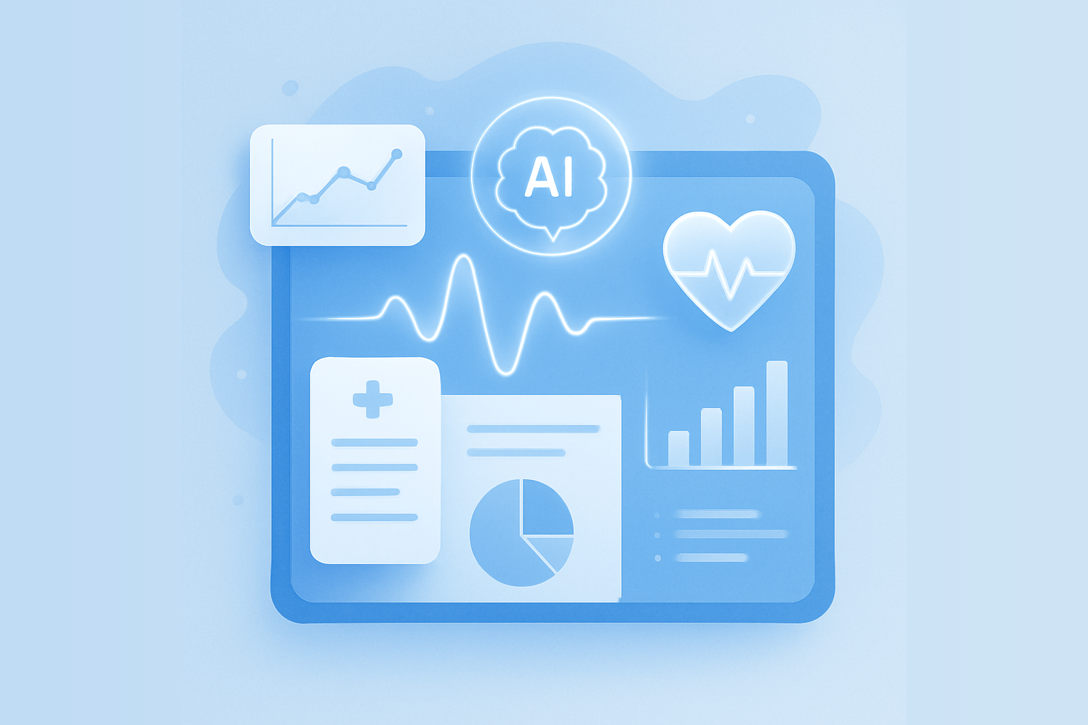 Bright, professional healthcare SaaS vector illustration with smooth gradients, calm lighting, and balanced blue-white tones.