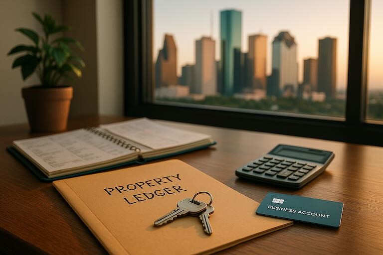 Desk with “Property Ledger” folder, keys, calculator, and business account card; Houston skyline at sunset in background.