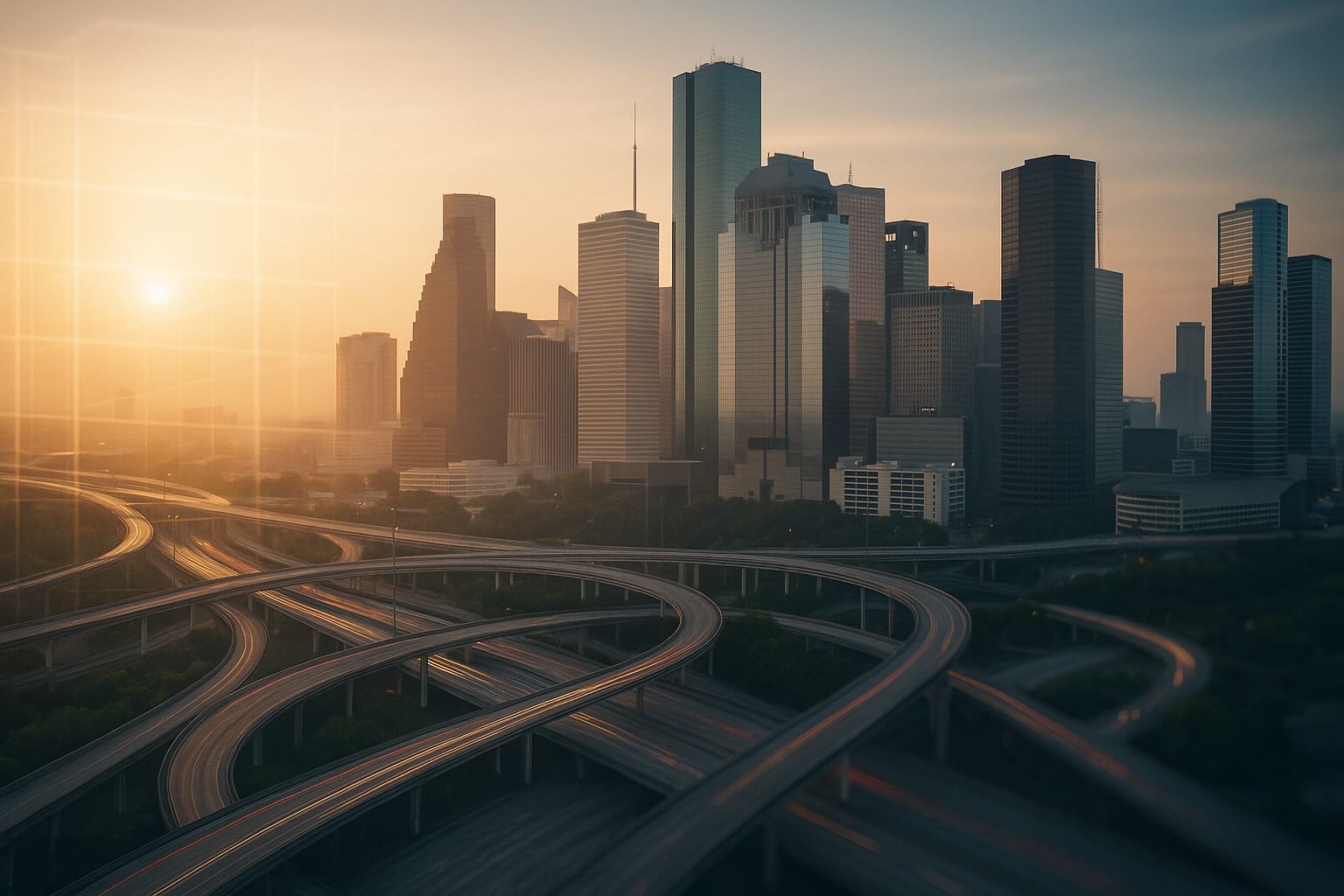 Aerial sunrise over downtown Houston with curving highway interchanges and reflective glass towers.