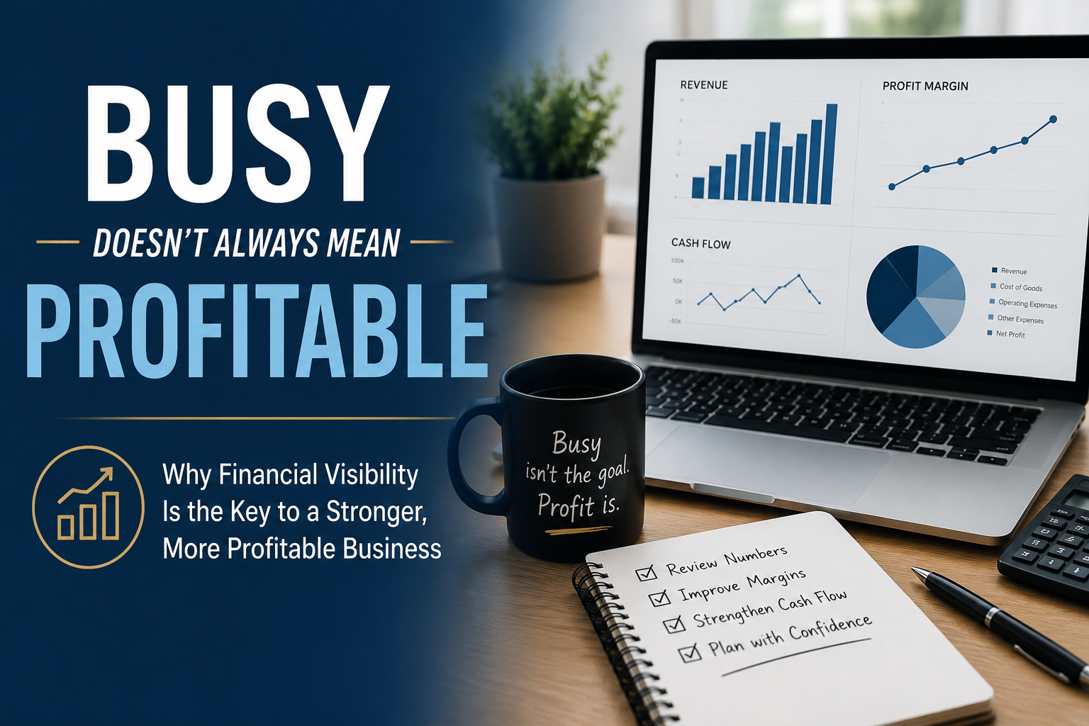 A professional business-themed graphic featuring the headline “Busy Doesn’t Always Mean Profitable” alongside a workspace with a laptop displaying financial charts and graphs. The image highlights the importance of financial visibility, profitability, cash flow management, and mid-year financial reviews for growing businesses.