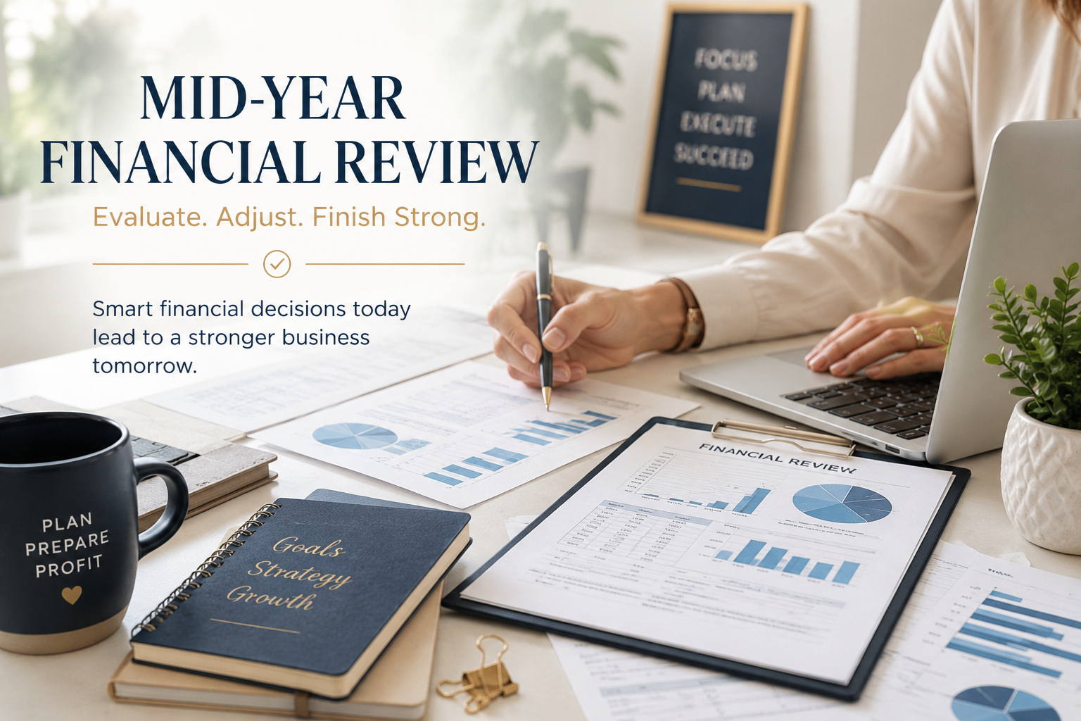Business owner conducting a mid-year financial review using financial reports, analytics dashboards, and performance data to evaluate revenue, expenses, profitability, cash flow, and business growth strategy for the remainder of the year.