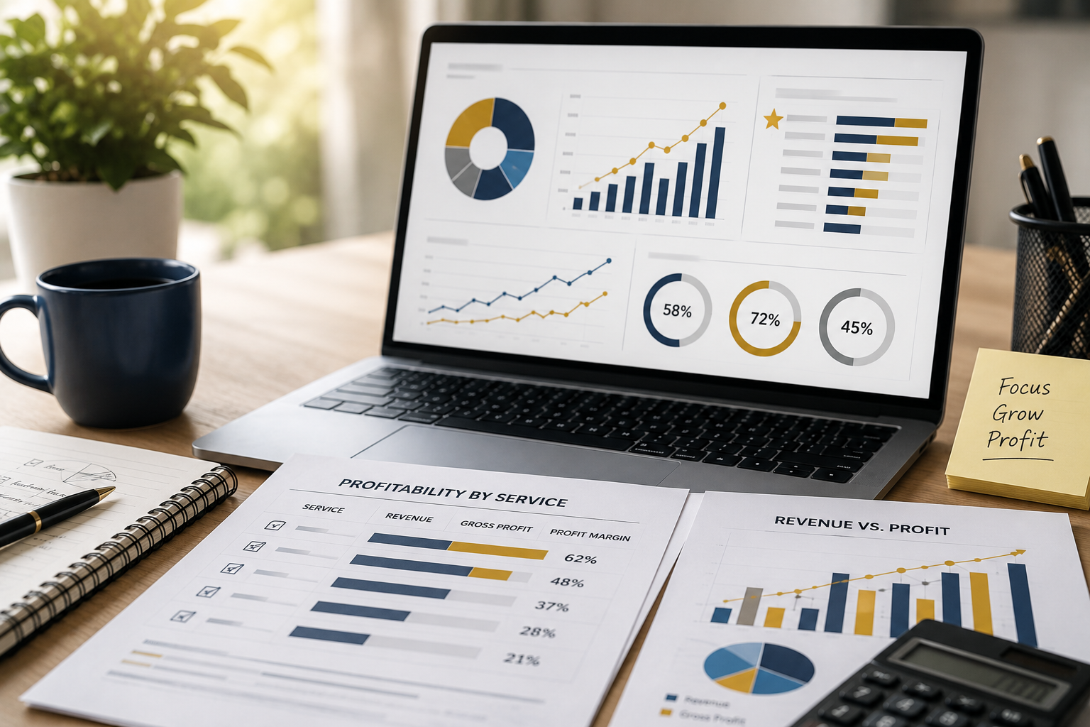 Business profitability analysis showing the most profitable services, profit margin comparisons, revenue reports, and financial dashboards used to identify high-performing service offerings and support strategic business growth decisions.