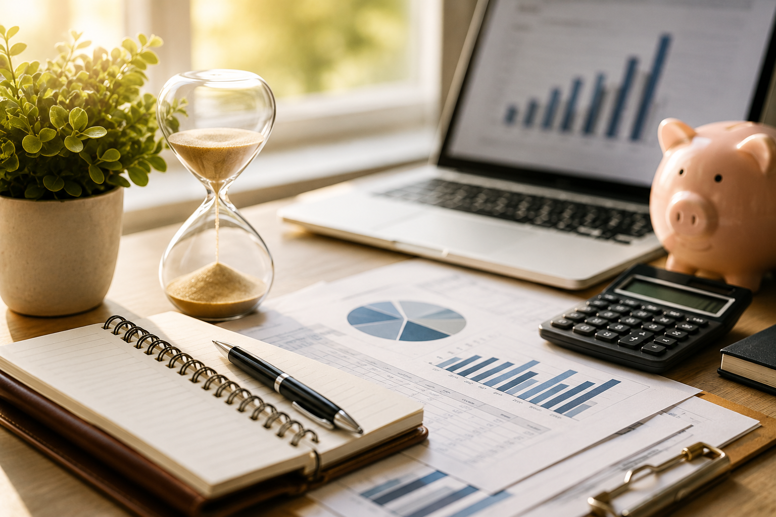 Business tax planning workspace with financial reports, calendar, calculator, and strategic planning materials used to prepare for year-end tax obligations and maximize tax-saving opportunities.