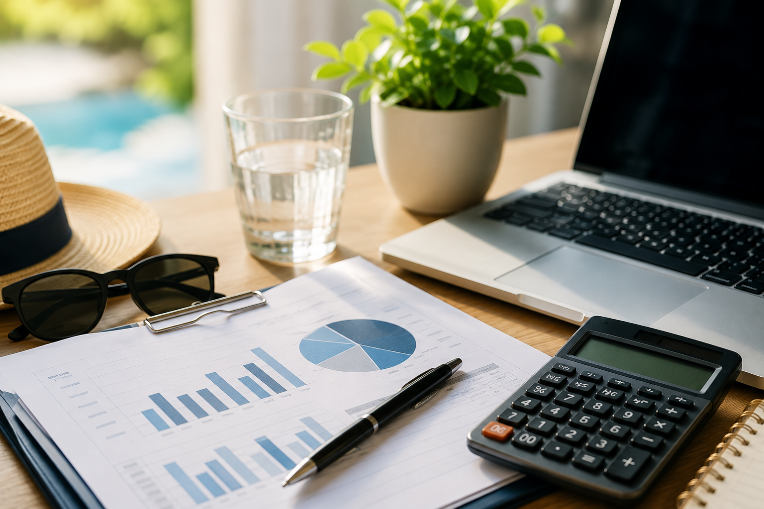 Business cash flow review during summer featuring financial reports, calculator, laptop, and budgeting tools used to forecast expenses, manage cash flow, and prepare for seasonal fluctuations in customer demand.