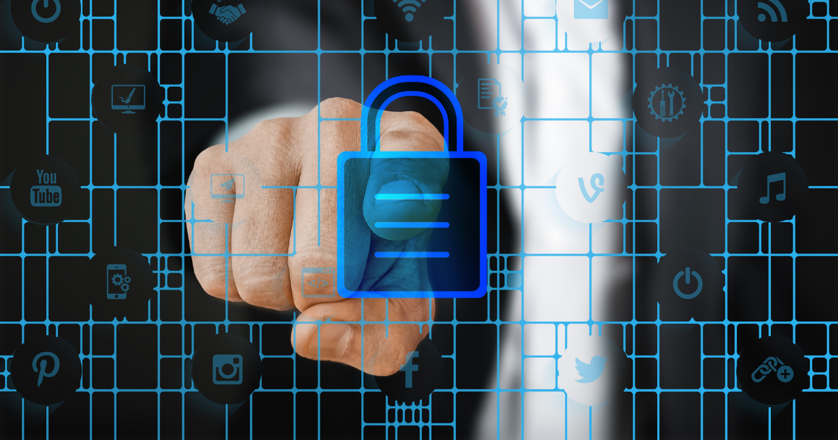 Hand pointing to a digital security lock, symbolizing cybersecurity, fraud prevention, and financial data protection for businesses.