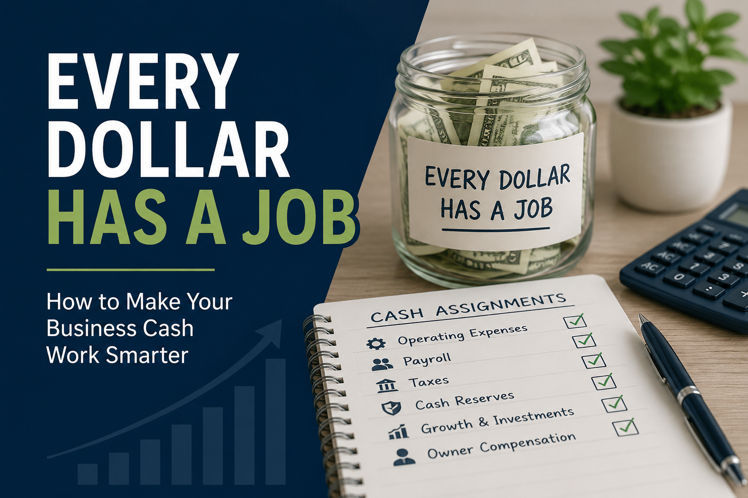 Business cash flow planning concept showing money in a jar, a calculator, and a cash assignment checklist for operating expenses, payroll, taxes, reserves, growth, and owner compensation.